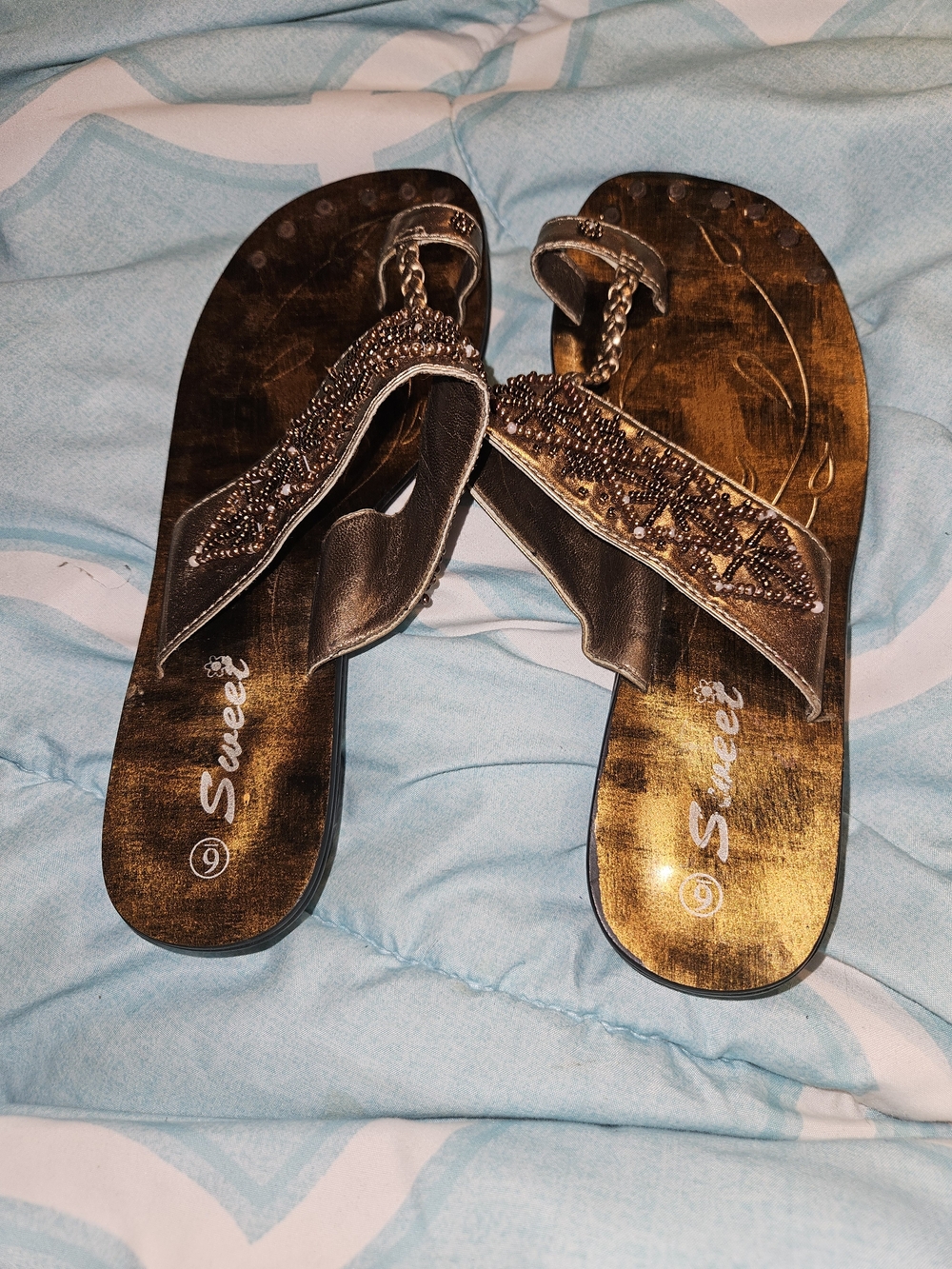Bronze Beaded Women's Flip Flops